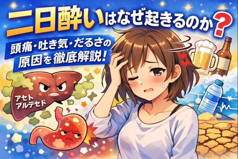 二日酔いはなぜ起きるのか？原因を医学的に徹底解説｜頭痛・吐き気・だるさの正体のイメージ図