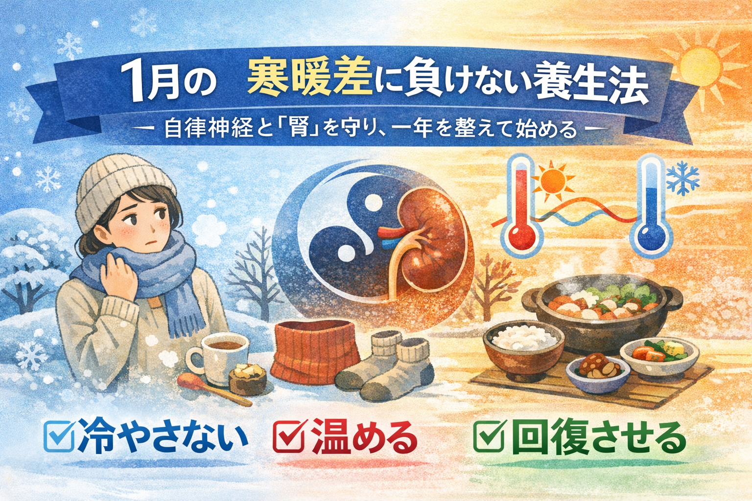 1月の寒暖差に負けない養生法｜冬の不調を防ぐ体の整え方のイメージ図