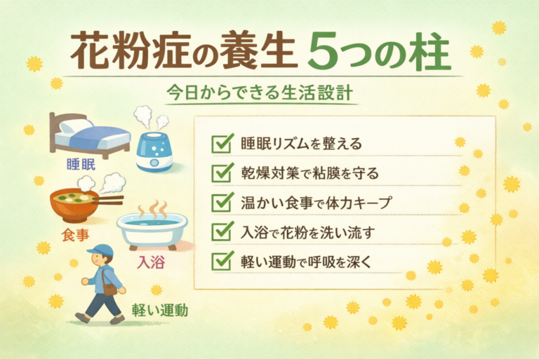 花粉症の養生は「睡眠・乾燥・食事・入浴・軽い運動」—つらい季節をラクにする生活設計のイメージ図