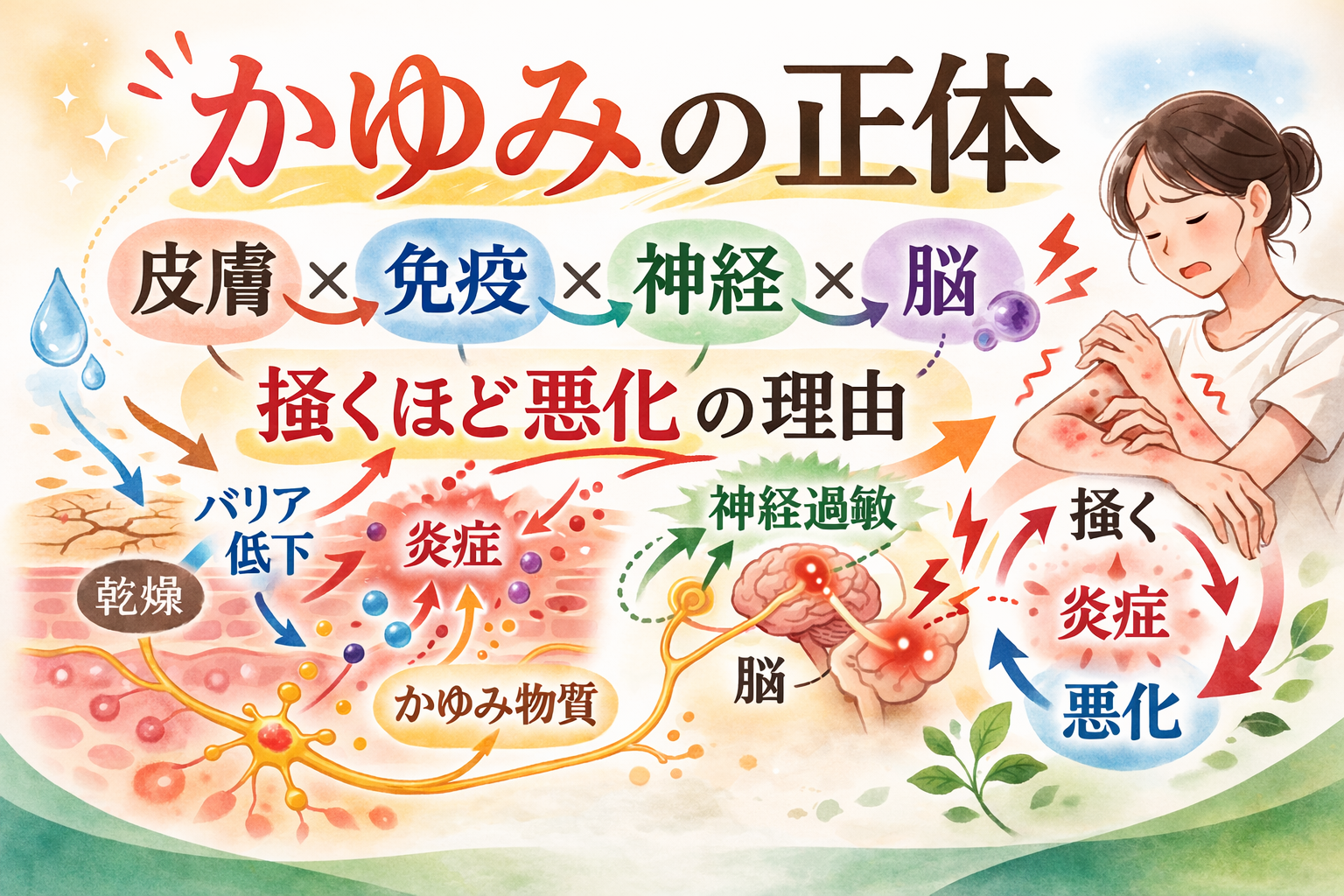 かゆくなるメカニズム｜皮膚で何が起きていて、なぜ掻くほど悪化するのか？のイメージ図