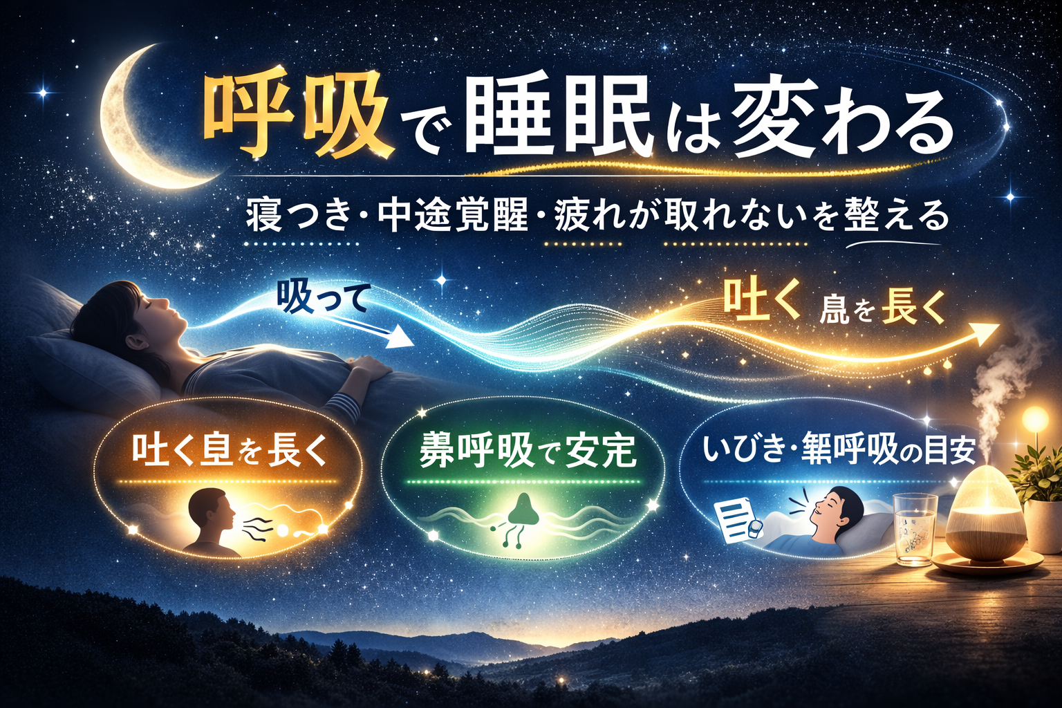 呼吸で睡眠は変わる｜寝つき・中途覚醒・疲れが取れないを整える“夜の呼吸習慣”のイメージ図