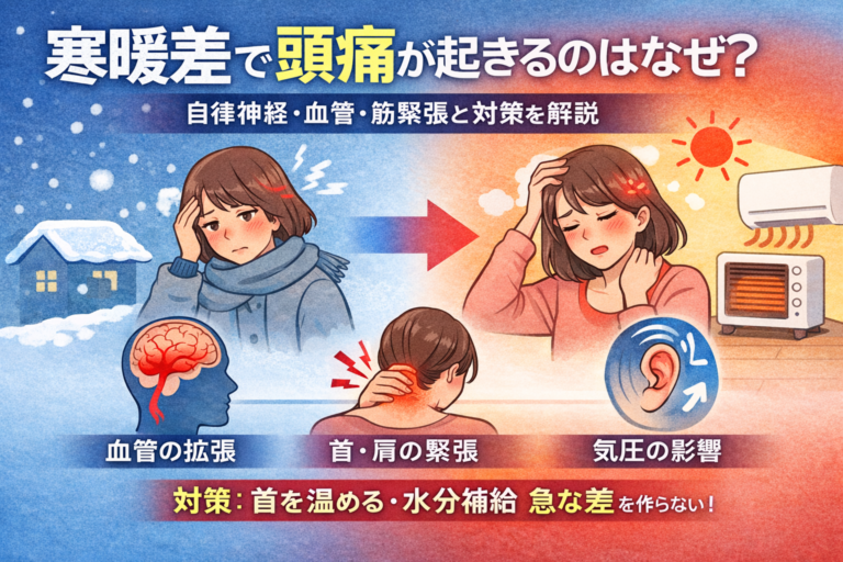 寒暖差で頭痛が起きるのはなぜ？原因（自律神経・血管・筋緊張）と対策をわかりやすく解説のイメージ図