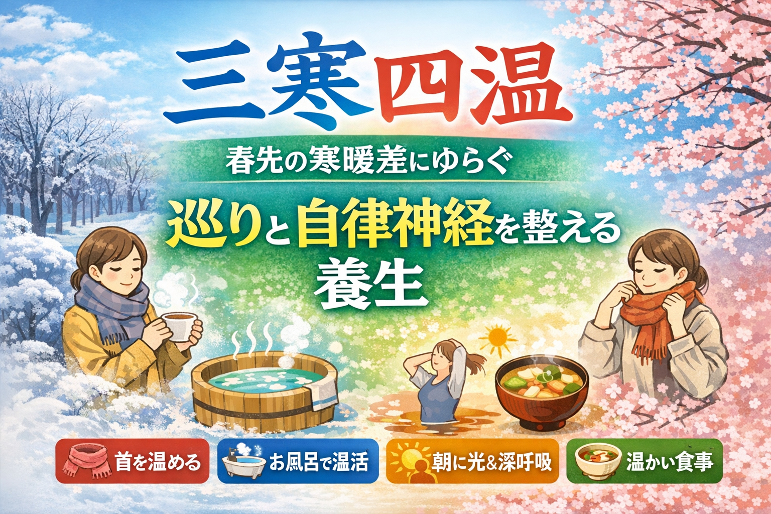 三寒四温とは？春先の寒暖差で乱れやすい“巡り”と自律神経を整える養生のイメージ図