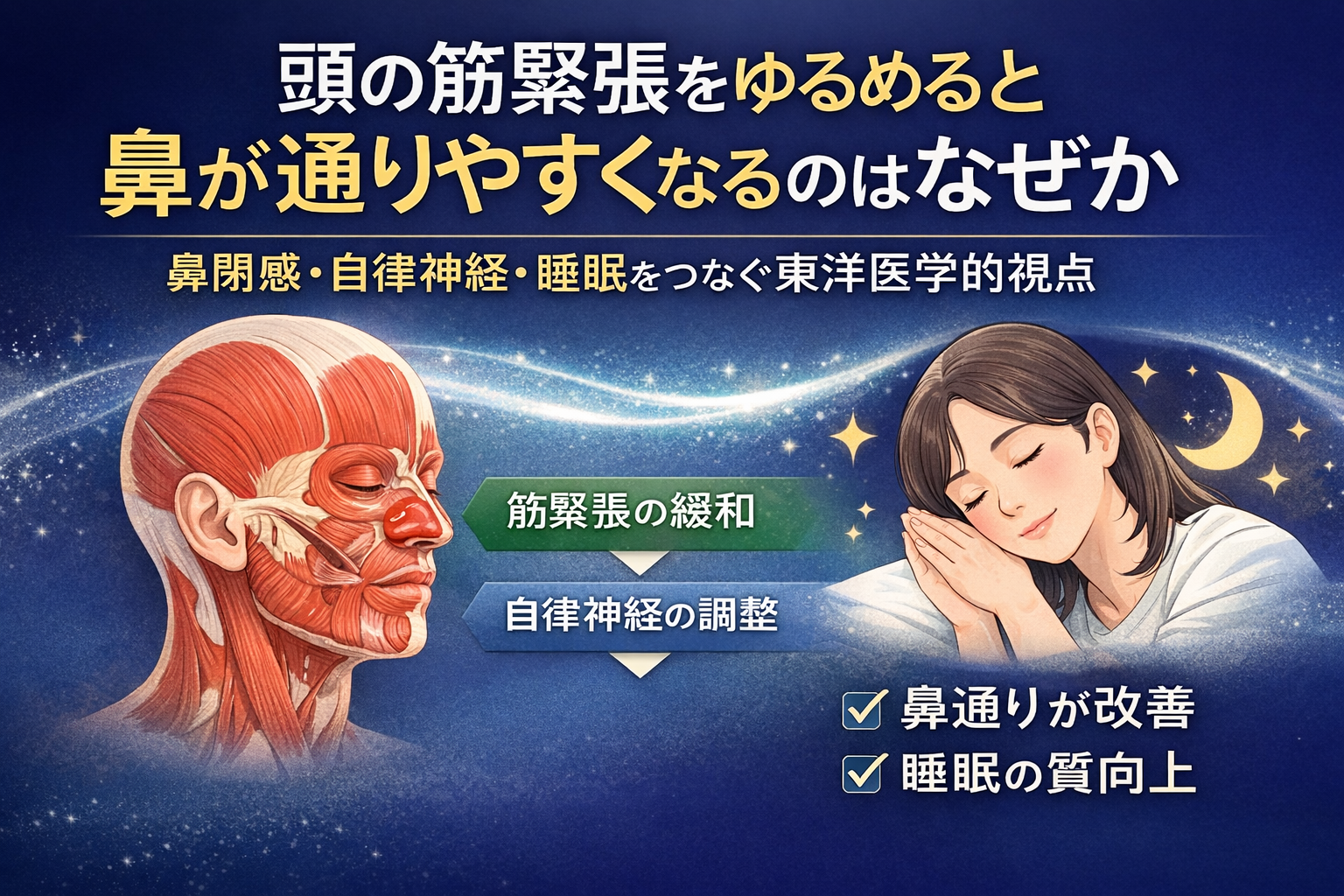 頭部の筋緊張をゆるめると鼻が通りやすくなるのはなぜか｜鼻閉感・自律神経・睡眠をつなぐ東洋医学的養生視点のイメージ図