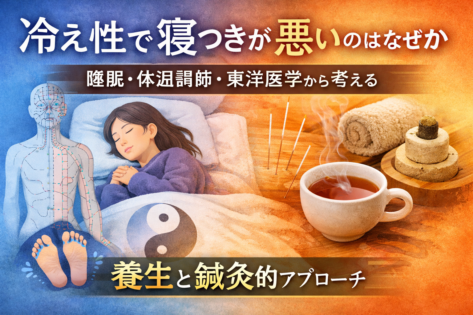 冷え性で寝つきが悪いのはなぜか｜睡眠・体温調節・東洋医学から考える養生と鍼灸的視点のイメージ図