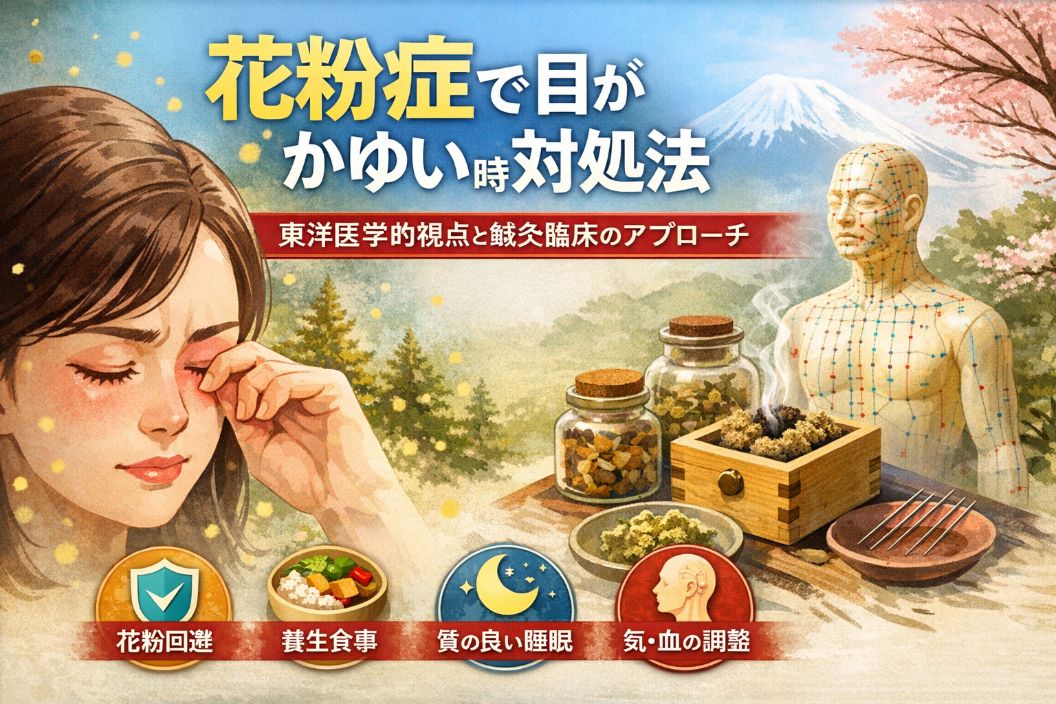 花粉症で目がかゆいときの対処法｜アレルギー性結膜炎に対する東洋医学的養生とセルフケアのイメージ図