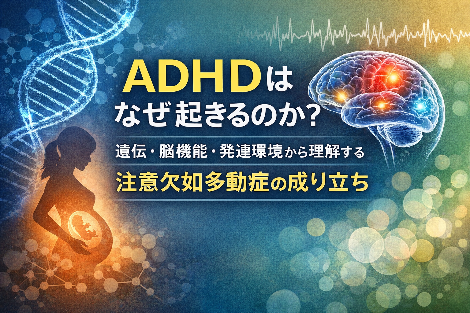 ADHDはなぜ起きるのか？｜遺伝・脳機能・発達環境から理解する注意欠如多動症の成り立ちのイメージ図