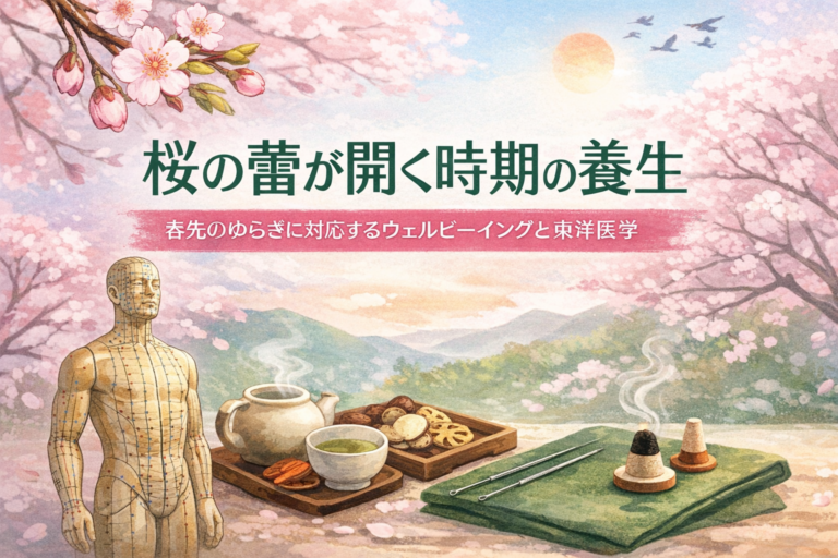 桜の蕾が開く時期の養生 春先のゆらぎに対応するウェルビーイングと東洋医学的セルフケアのイメージ図