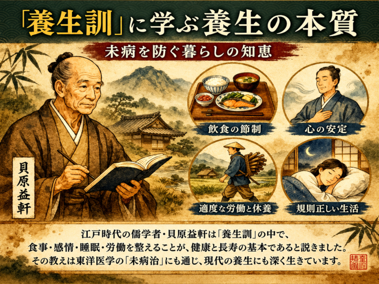 貝原益軒『養生訓』に学ぶ養生の本質｜東洋医学にも通じる“未病を防ぐ”暮らしの知恵のイメージ図