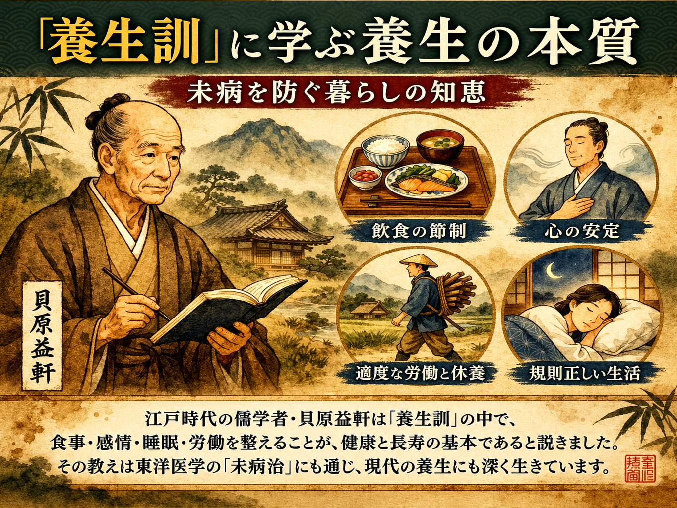 貝原益軒『養生訓』に学ぶ養生の本質｜東洋医学にも通じる“未病を防ぐ”暮らしの知恵のイメージ図