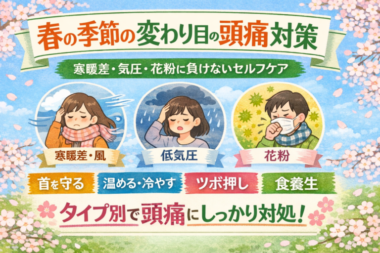春の季節の変わり目に起きる頭痛の養生｜寒暖差・気圧・花粉に負けない整え方のイメージ図