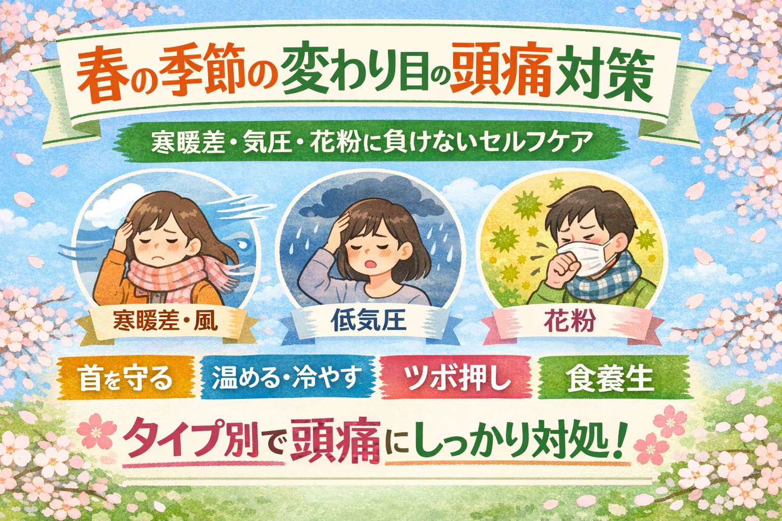 春の季節の変わり目に起きる頭痛の養生｜寒暖差・気圧・花粉に負けない整え方のイメージ図