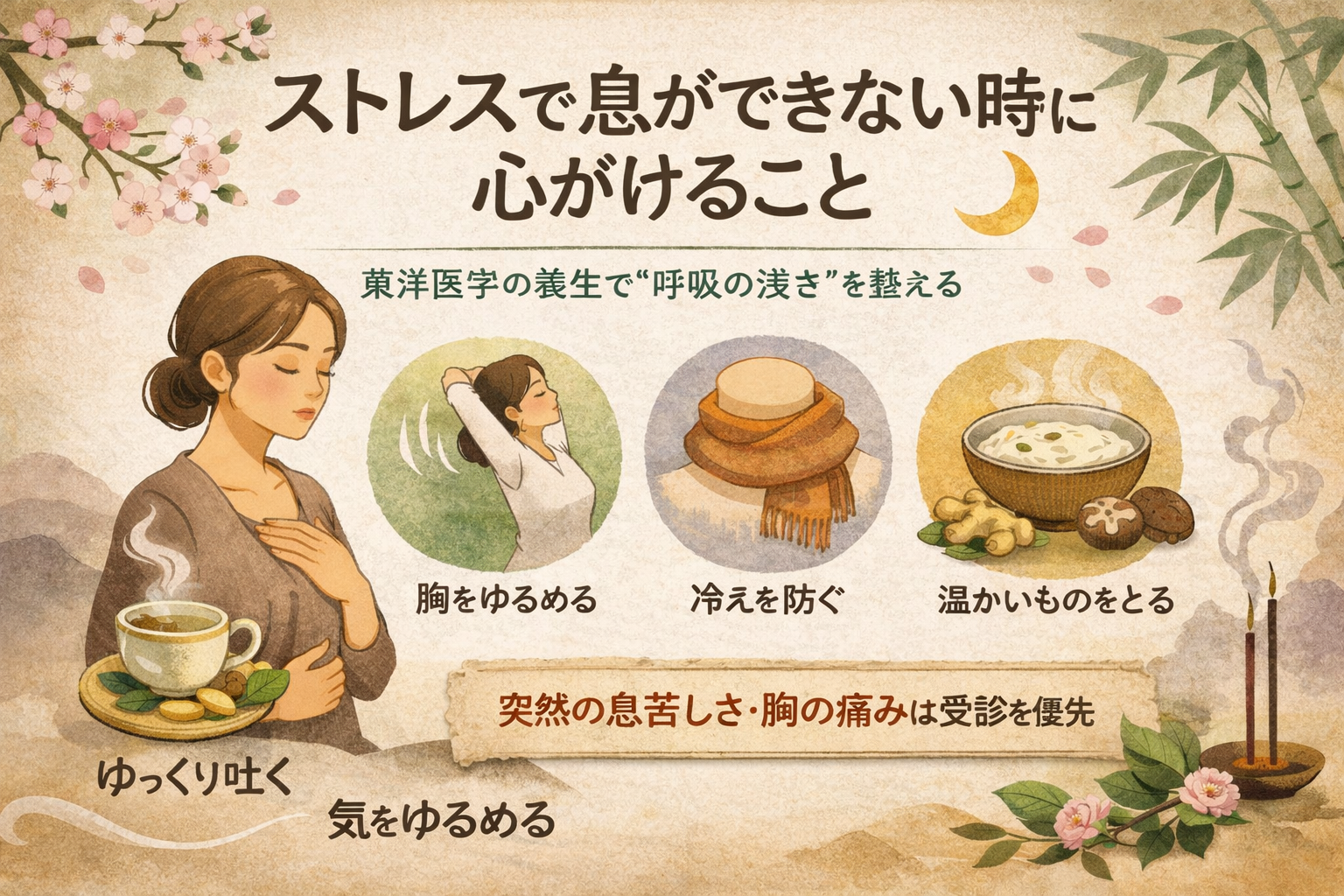 ストレスで息ができない時に心がけること｜東洋医学の養生で“呼吸の浅さ”を整えるのイメージ図