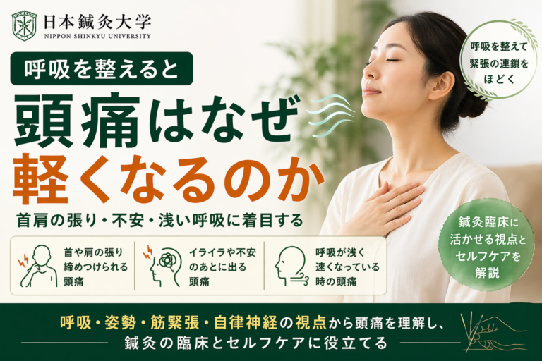 呼吸を整えると頭痛はなぜ軽くなるのか――緊張型頭痛・ストレス関連頭痛と鍼灸臨床の接点のイメージ図