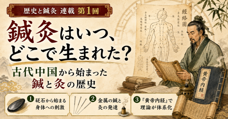 鍼灸はいつ、どこで生まれた？古代中国から始まった鍼と灸の歴史のイメージ図