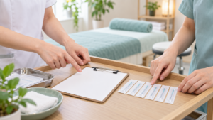 白紙のボードと個包装の鍼を二人の施術者が指し示して確認するイメージ