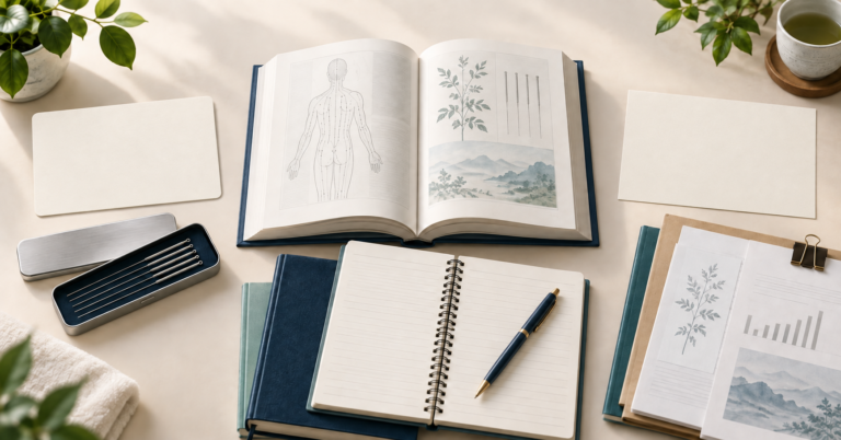 鍼灸の参考書、鍼のケース、学習ノート、資料を机に並べたイラスト