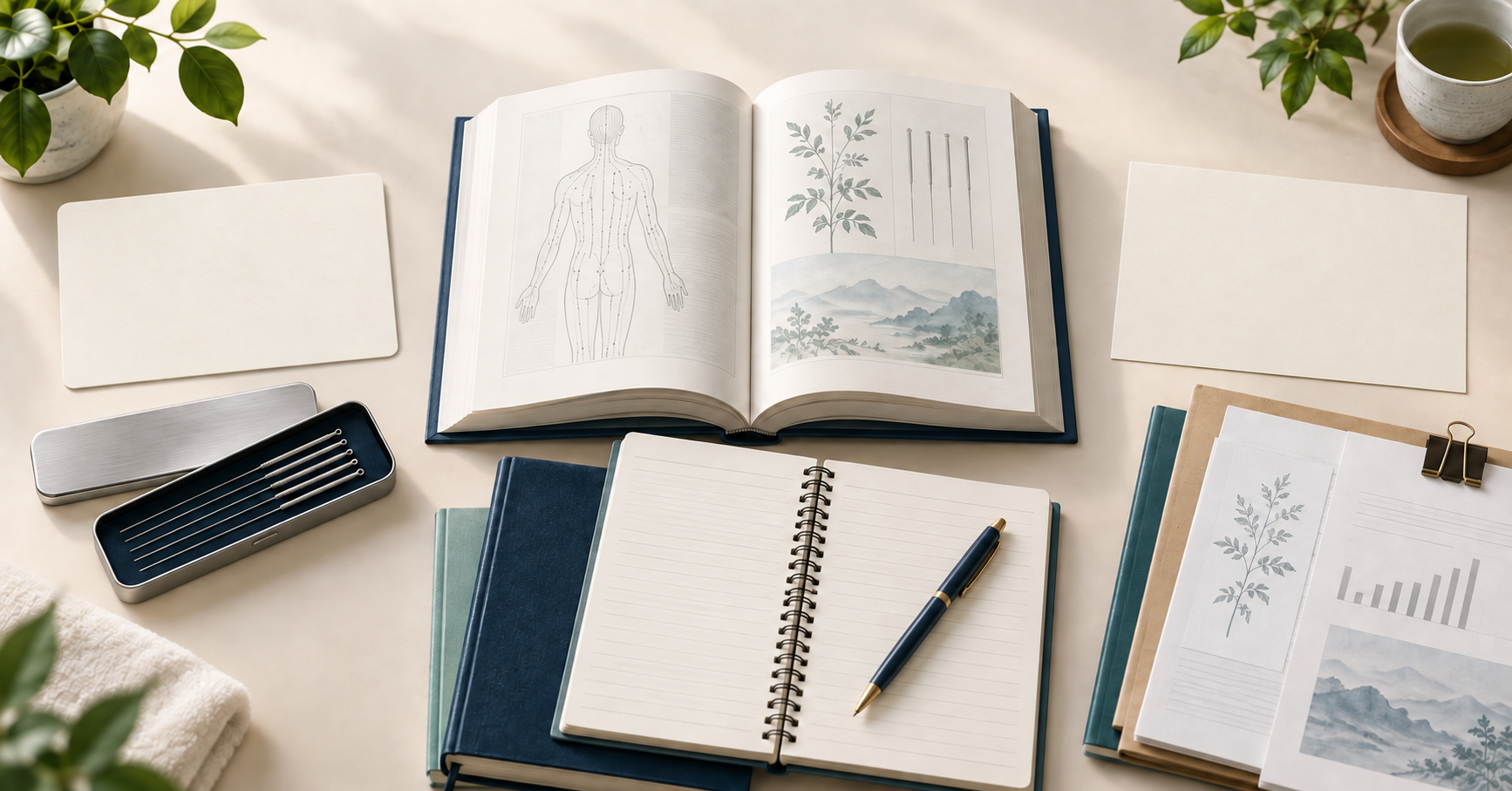 鍼灸の参考書、鍼のケース、学習ノート、資料を机に並べたイラスト