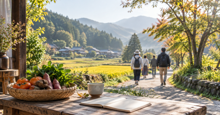 里山の道を歩く人々と、野菜・湯のみ・ノートを並べた机のイメージ