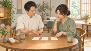 机を挟んだ施術者と患者が、3枚の白いカードを見ながら相談するイラスト