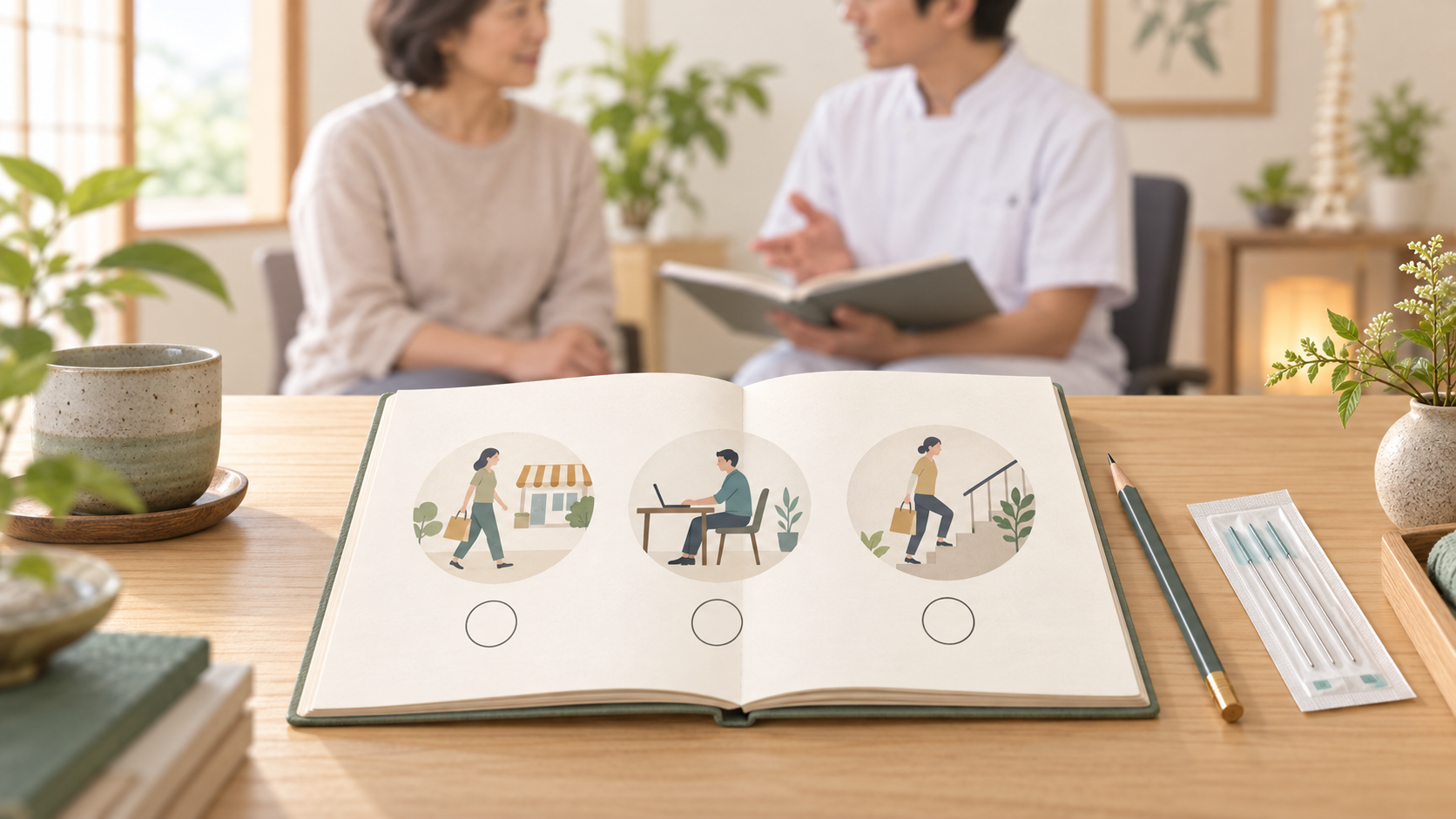 歩行、机での作業、買い物袋を持つ階段昇降の図と空欄の丸を描いたノート、鉛筆、個包装の鍼がある机上のイラスト