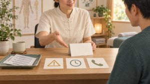 注意マーク、時計、電話の図があるカードと個包装の鍼を机に置き、施術者が患者へ白い案内カードを説明するイラスト