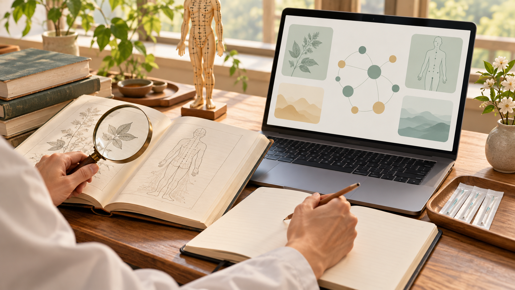 ノートパソコンの図と、植物・人体の図がある本を拡大鏡で見比べ、ノートに記入する人物の手元のイラスト