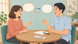 机を挟んで会話する患者と施術者、空の吹き出しと双方向の矢印を描いたイラスト